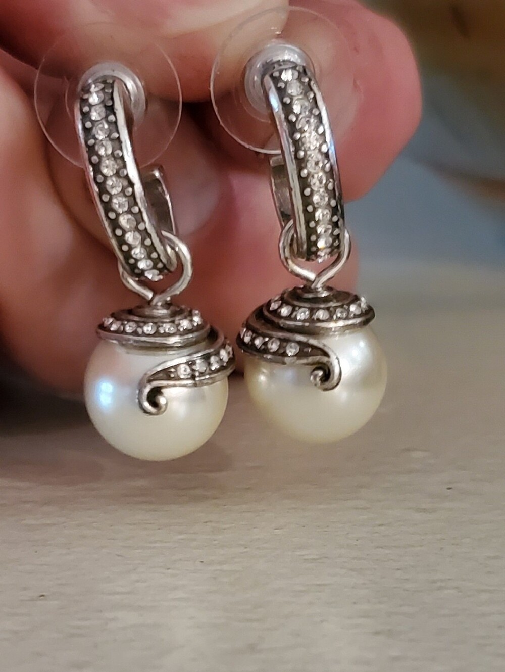 Brighton Pearl Drop Earrings with Silver and Crystal Accents